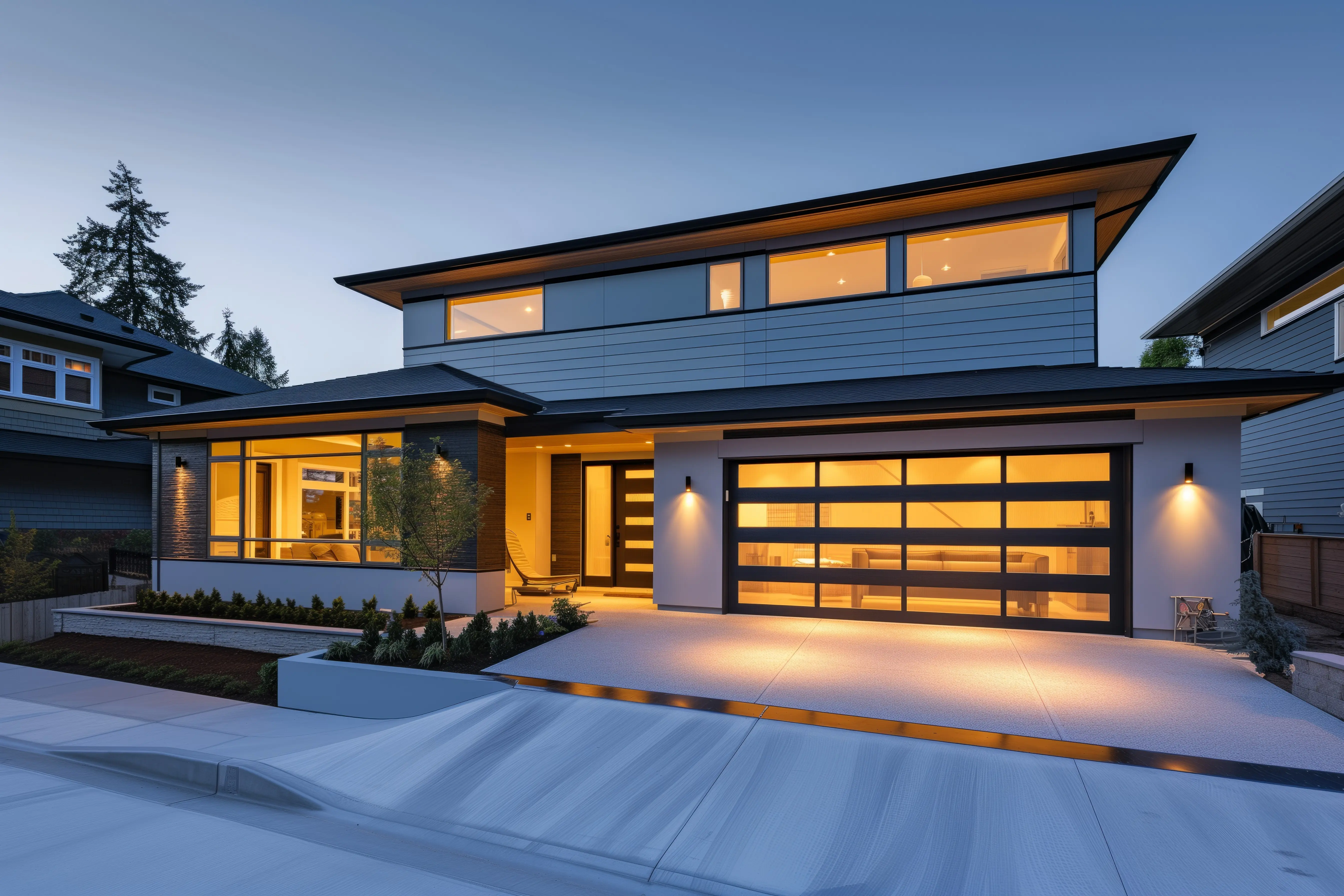 A contemporary home with an open garage door and interior light shining out.