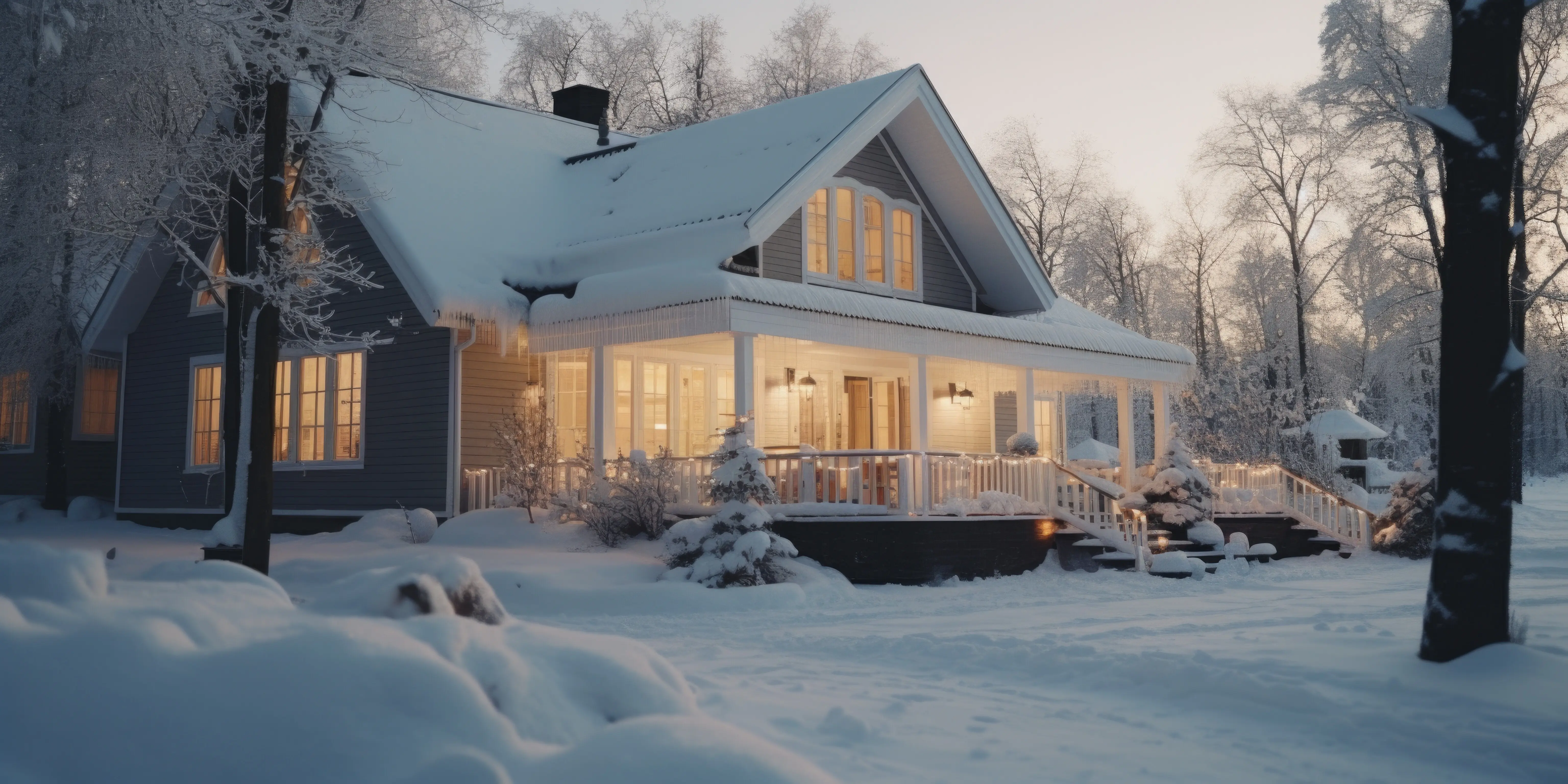 A charming house with a snow-blanketed porch, ideal for winter-themed designs and holiday concepts.