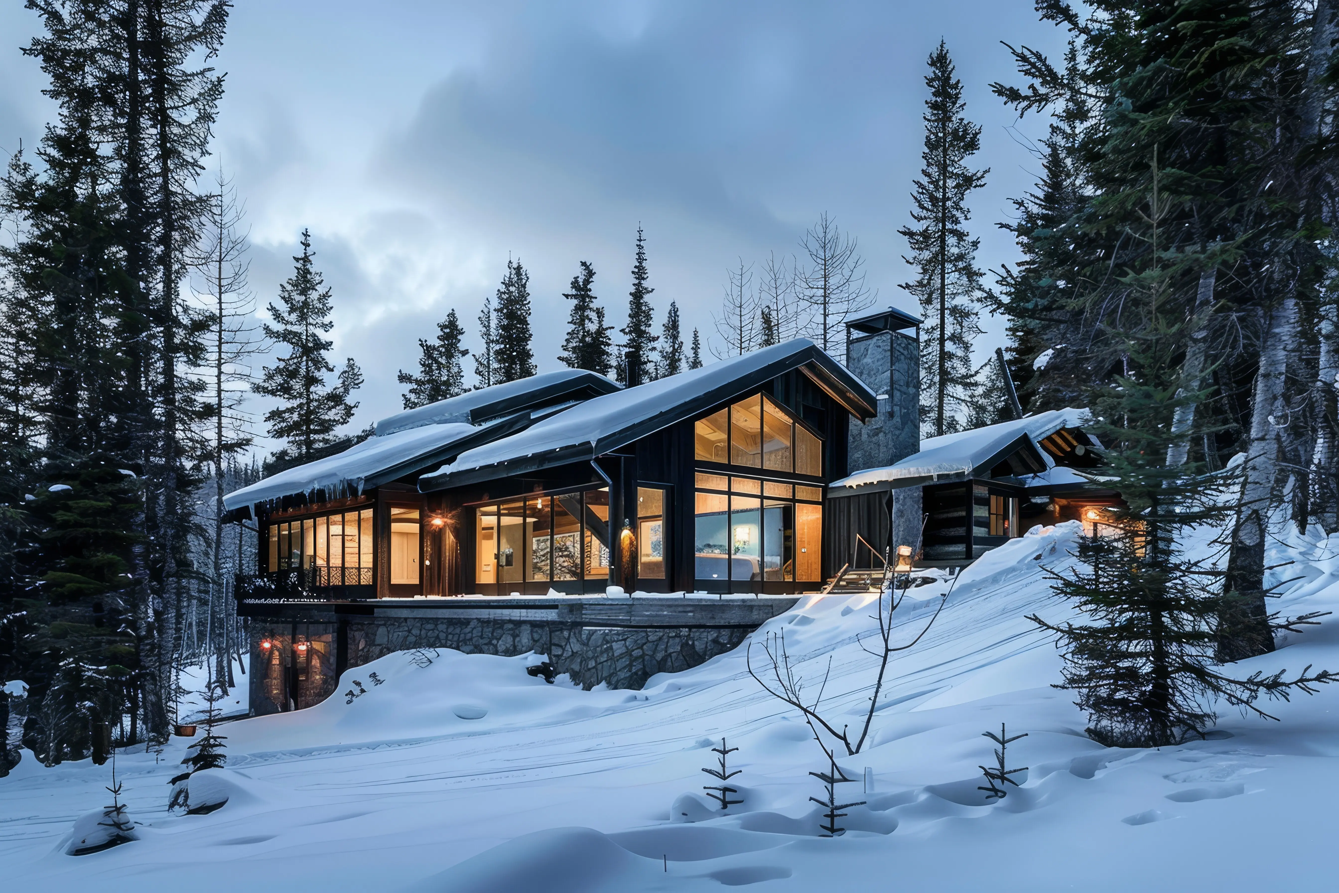 A cozy ski lodge nestled in a forest, surrounded by snow-covered trees.