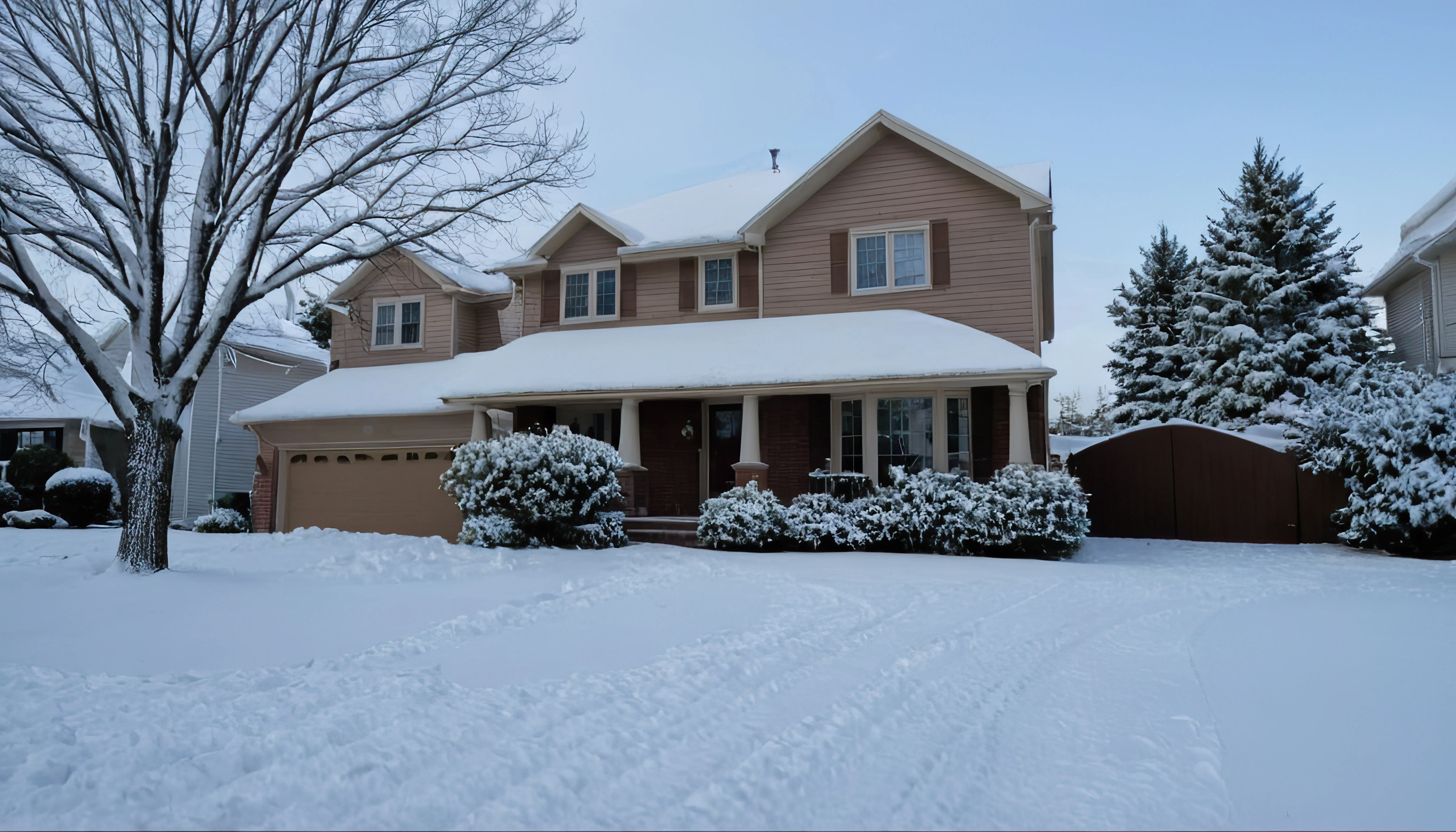 Two houses, each with a snow-covered lawn.